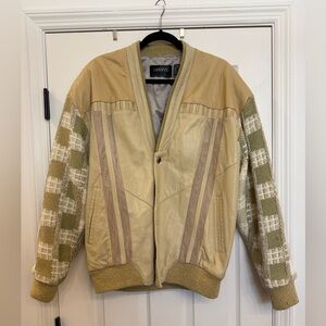 Vintage Saxony Collection 1980’s Leather Bomber Jacket Large Tan Green Cream